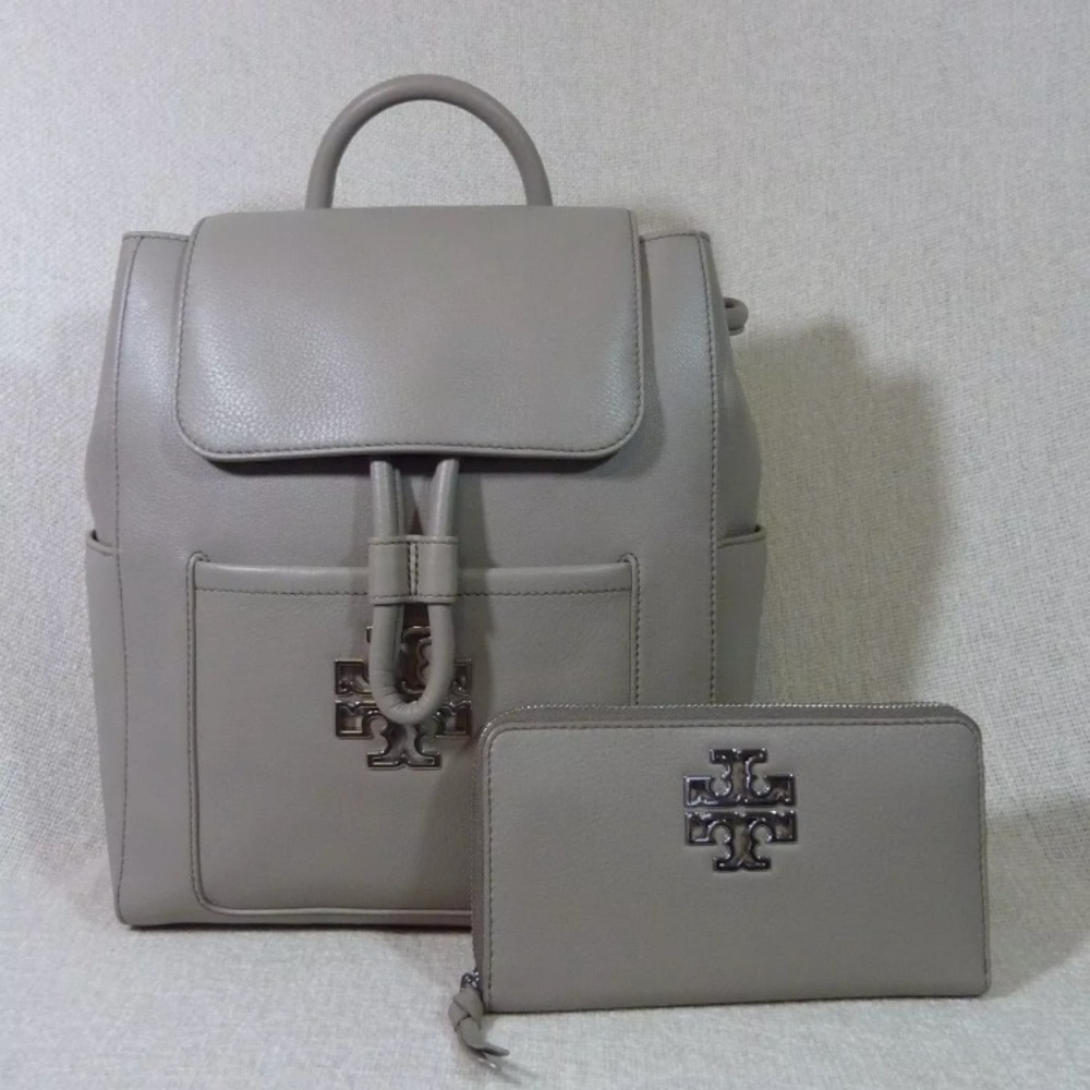 Tory Burch French Gray Leather Backpack Wallet Set